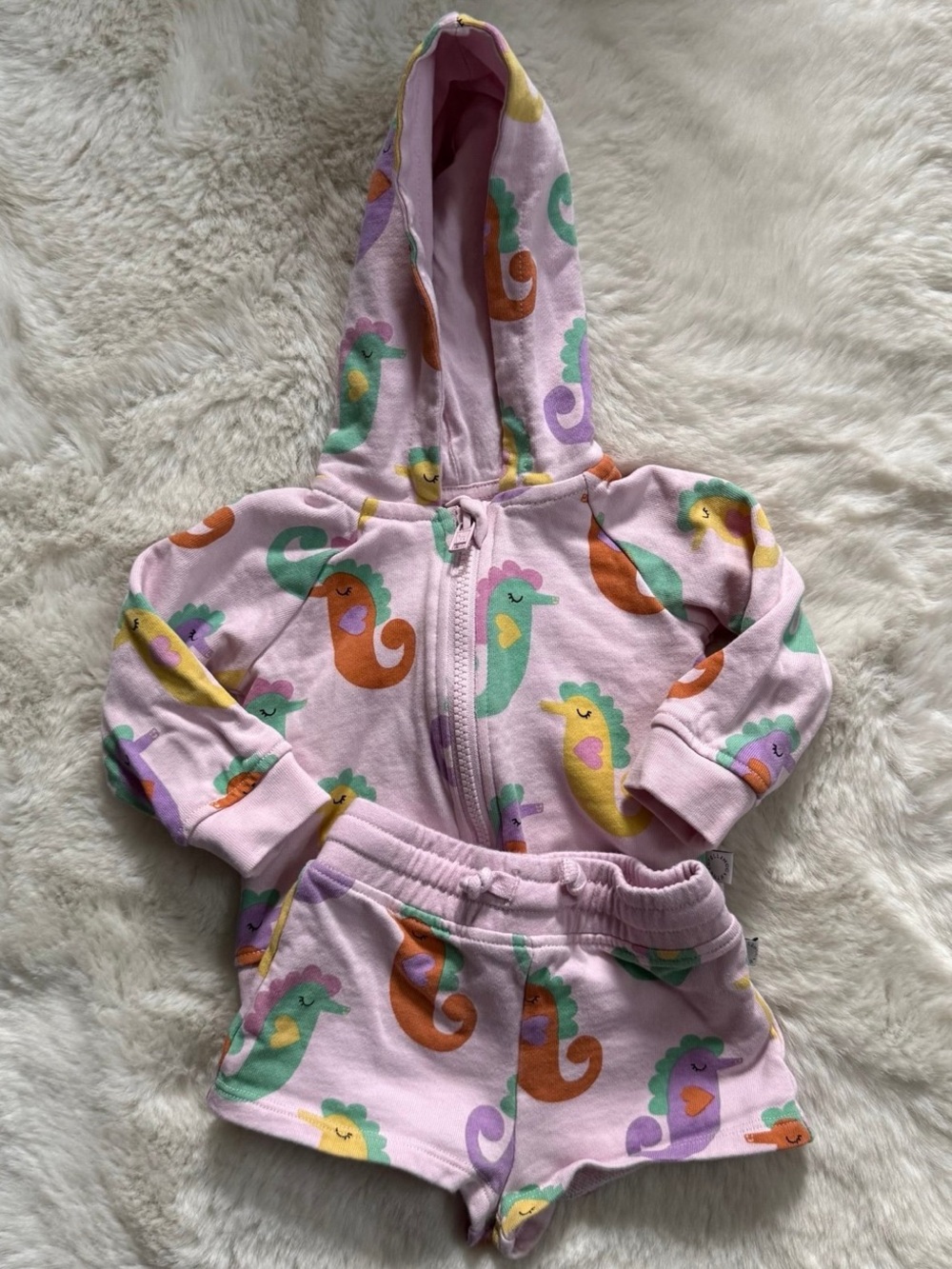 Stella McCartney Kids Pink Seahorse Matching Set Sweatshirt Shorts Baby 6 Months